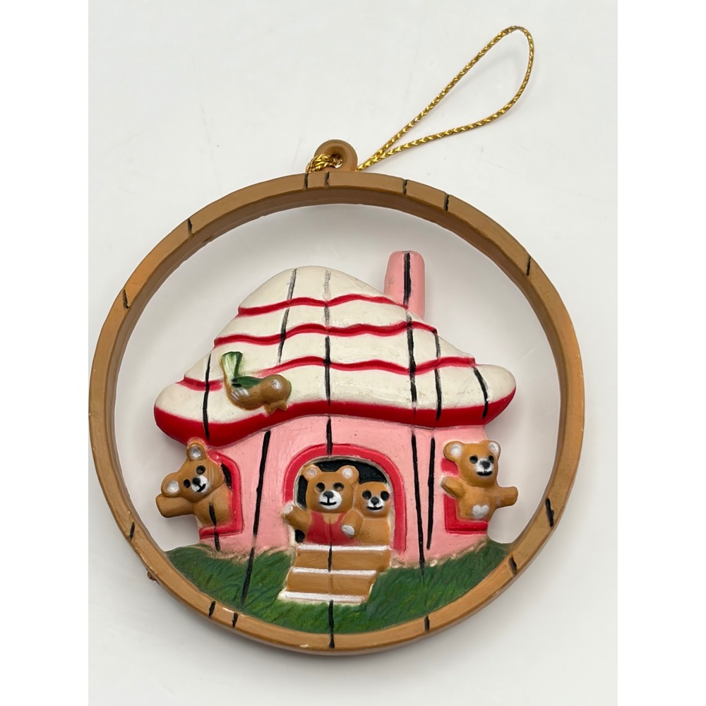 Vintage Teddy Bear House Christmas Ornament Embroidery Hoop Ring Pink Cottage 3"